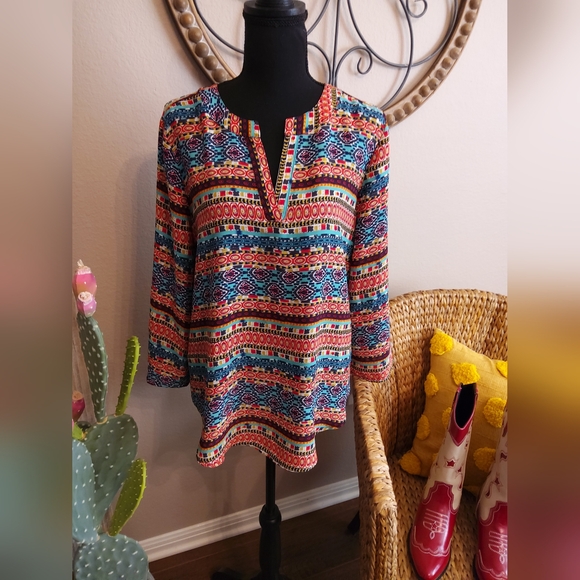 Cato Tops - Cato Multicolor Patterned V-Neck Tunic
